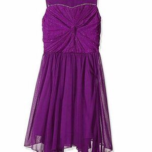 Amy Byer Big Girls' Glitter Bodice Knot Front Hanky Hem Dress, Plum